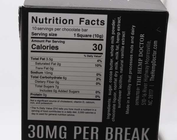 Nutrition facts label on a chocolate bar package with '30MG PER BREAK' text.