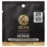 3CHI Comfortably Numb Delta-8 THC and CBN gummies, black and gold packaging, 25MG per gummy.