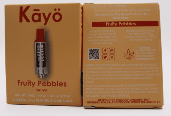 Kayo Fruity Pebbles vape cartridge packaging in yellow box.